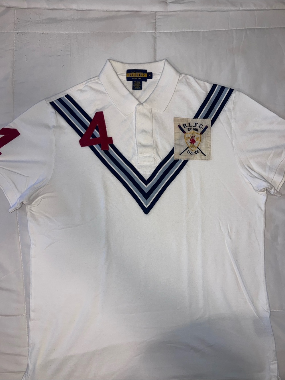 Ralph Lauren White Rugby Polo with Navy Stripes & Red Number